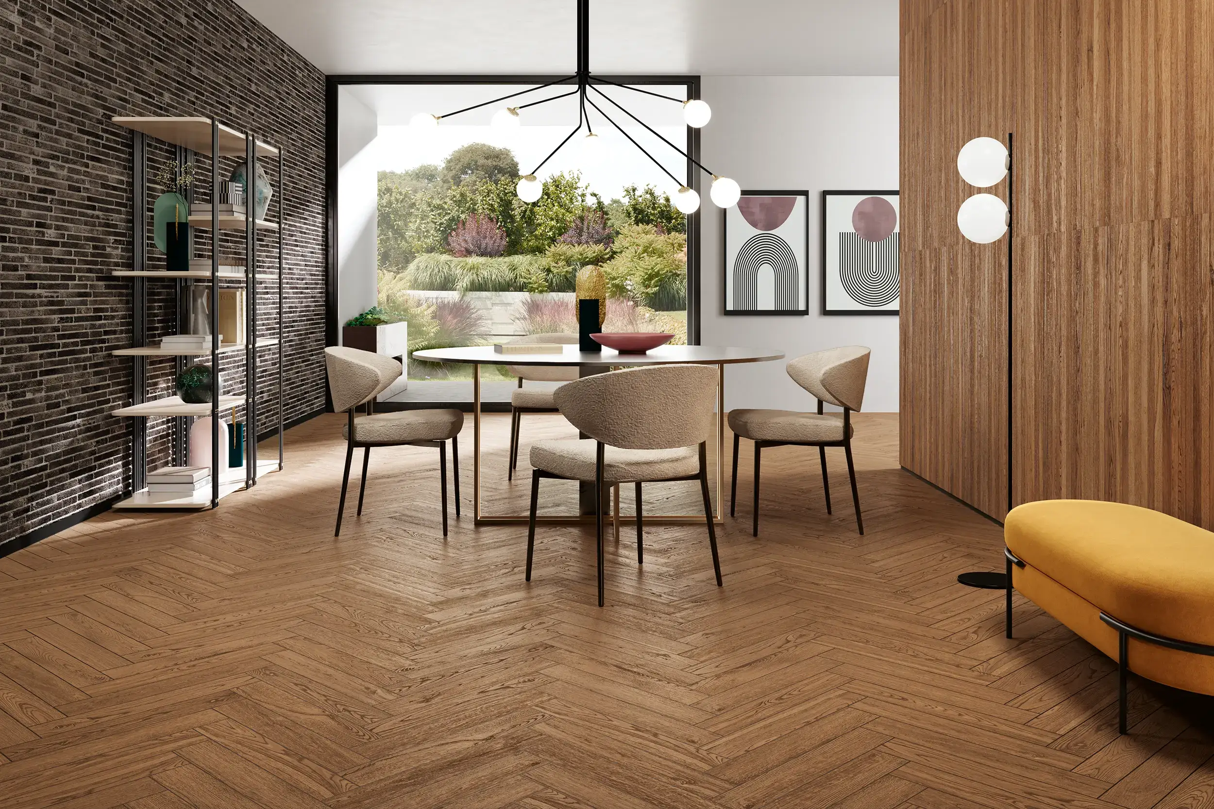 Salon élégant avec carrelage imitation parquet posé en chevron pour un style haussmannien